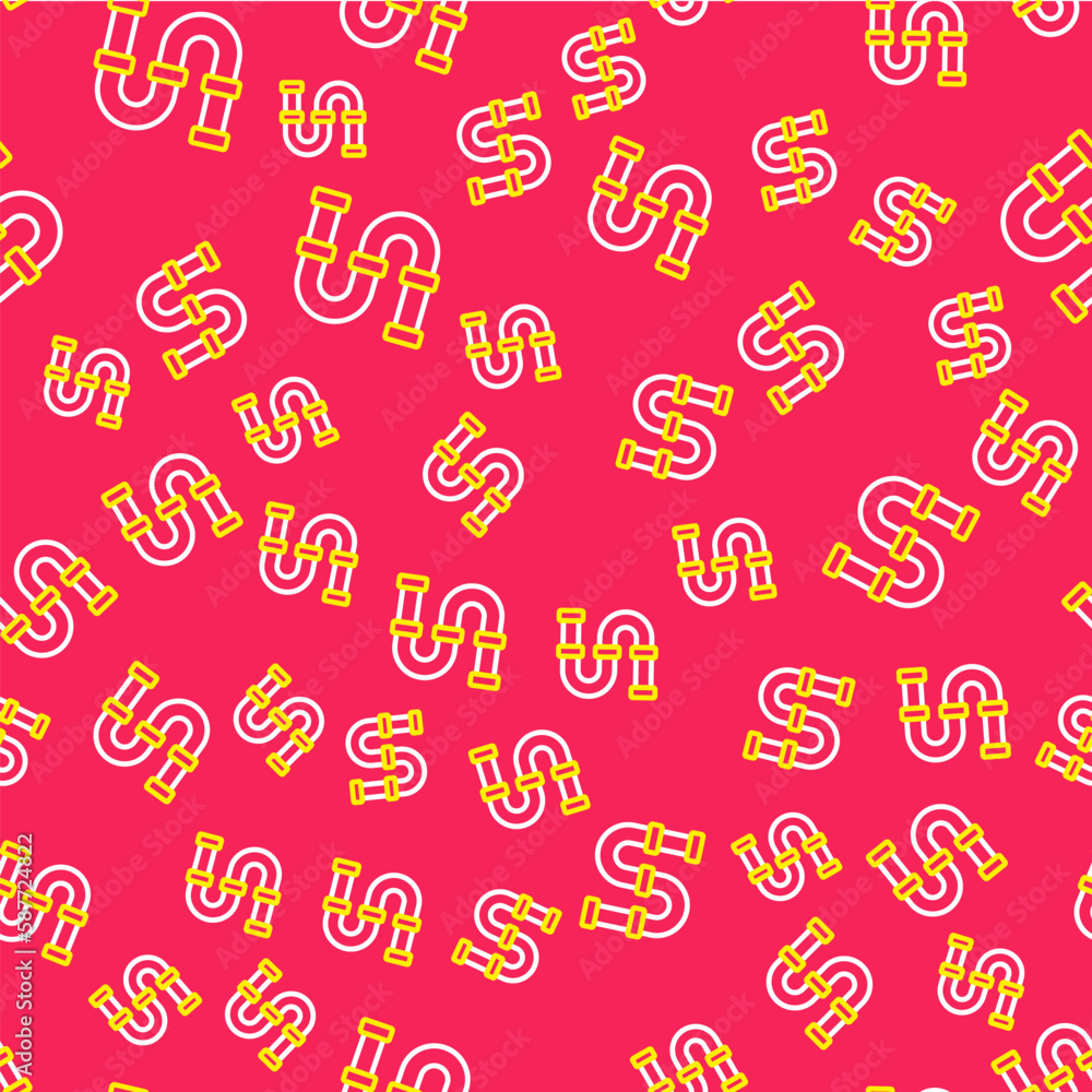 Line Industry metallic pipe icon isolated seamless pattern on red background. Plumbing pipeline parts of different shapes. Vector Line Industry metallic pipe icon isolated seamless pattern on red background. Plumbing pipeline parts of different shapes. Vector