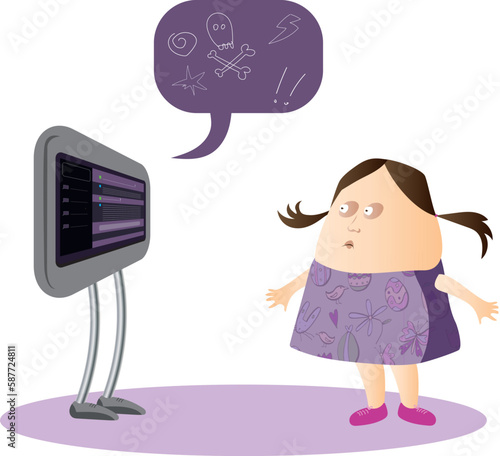 illustration of a little girl in front of an android with a monitor from which a speech bubble comes out with nonsense symbols like grawlix.