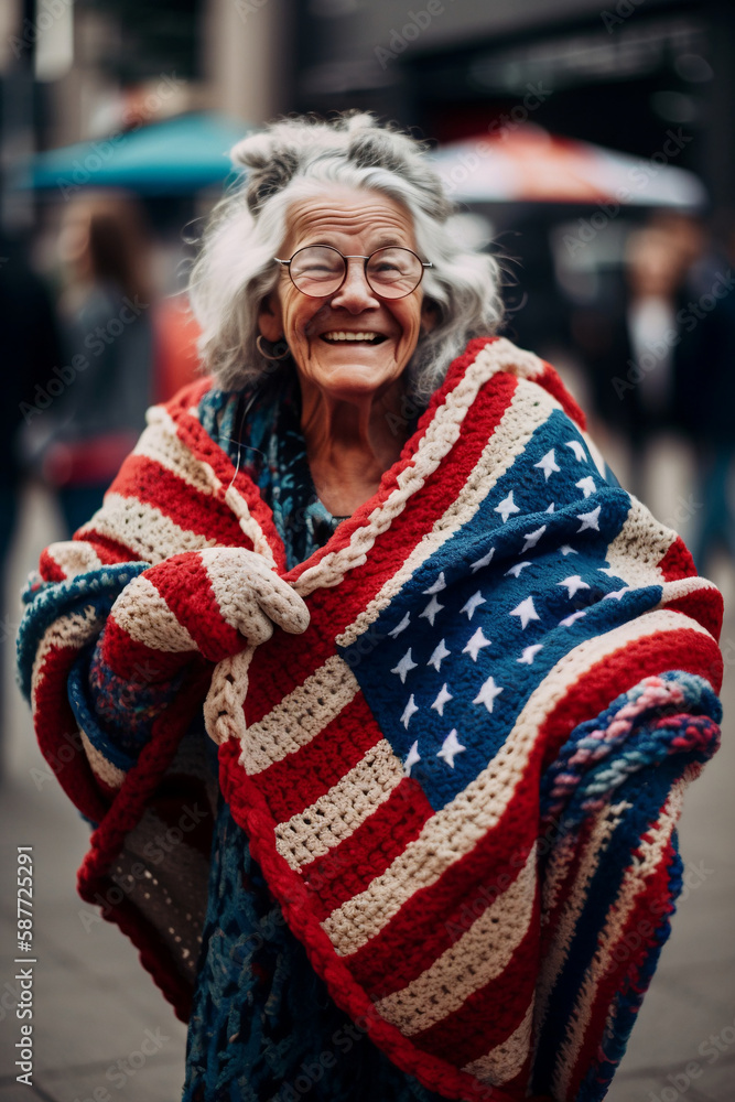 portrait of a happy senior woman with USA flag