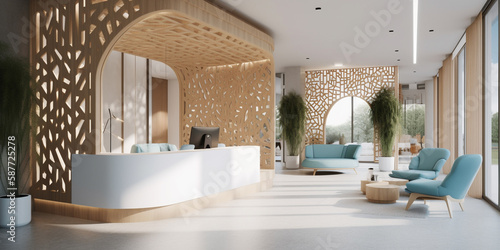 Wallpaper Mural Illustration of modern hotel lobby space. sleek front desk with a white counter parametric design. AI Generative. Torontodigital.ca