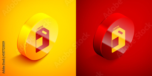 Isometric Plastic bottle for laundry detergent, bleach, dishwashing liquid or another cleaning agent icon isolated on orange and red background. Circle button. Vector