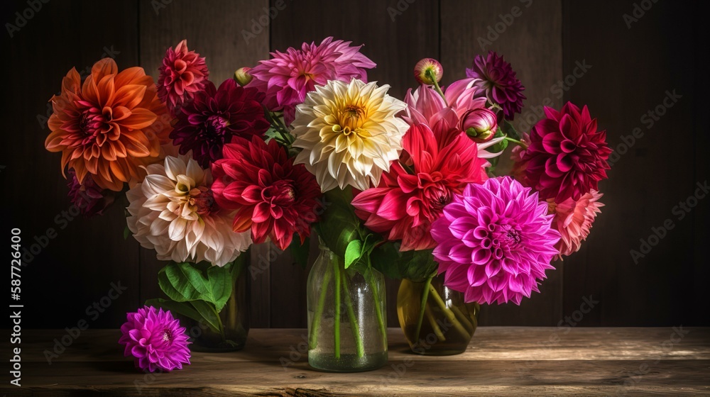 Dahlia Bouquet on a Wooden Table