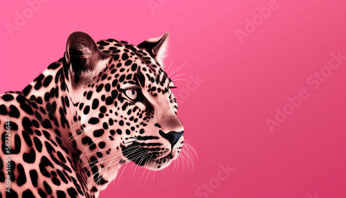 close up of a leopard on pink bakground