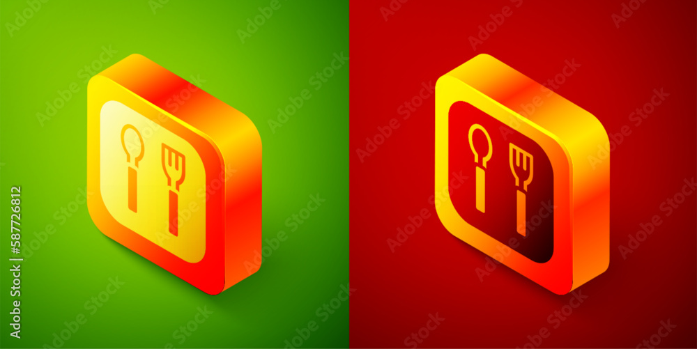 Isometric Fork and spoon icon isolated on green and red background. Cooking utensil. Cutlery sign. Square button. Vector Isometric Fork and spoon icon isolated on green and red background. Cooking utensil. Cutlery sign. Square button. Vector