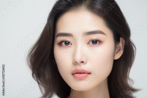 Beautiful young Asian woman with clean fresh skin isolated on white background, Face care, Facial treatment, Cosmetology, beauty and spa, Asian women portrait generative ai