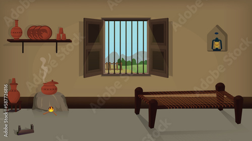 Village room inside vector, poor mud house room interior cartoon background illustrations.