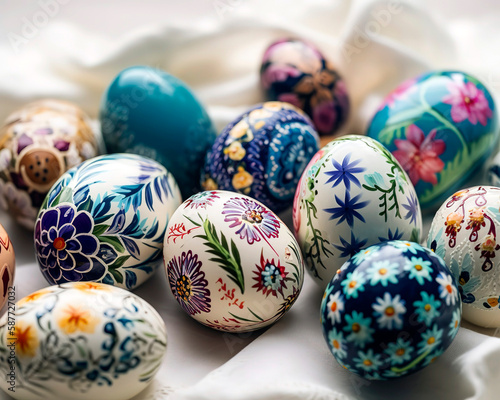 variety of hand-painted Easter eggs with intricate designs and patterns. Springtime Art A Display of Hand-Painted Easter Egg Designs