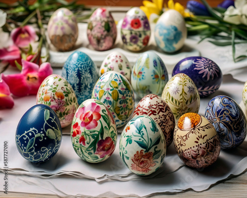 variety of hand-painted Easter eggs with intricate designs and patterns. Delicate Designs Exquisite Hand-Painted Easter Egg Showcase