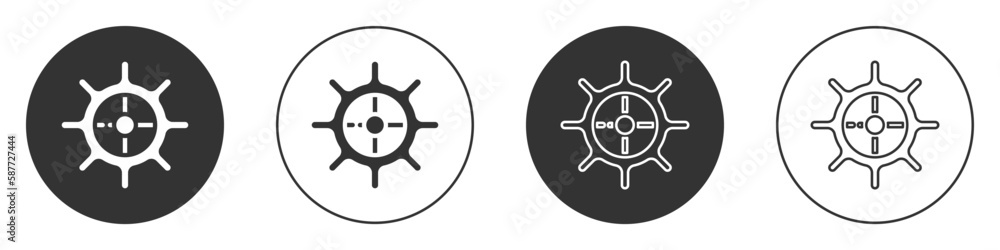 Black Ship steering wheel icon isolated on white background. Circle button. Vector