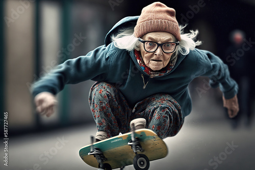 Elderly woman skateboarding on city street photo