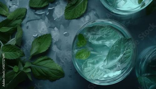  glass of water with mint  and ice background