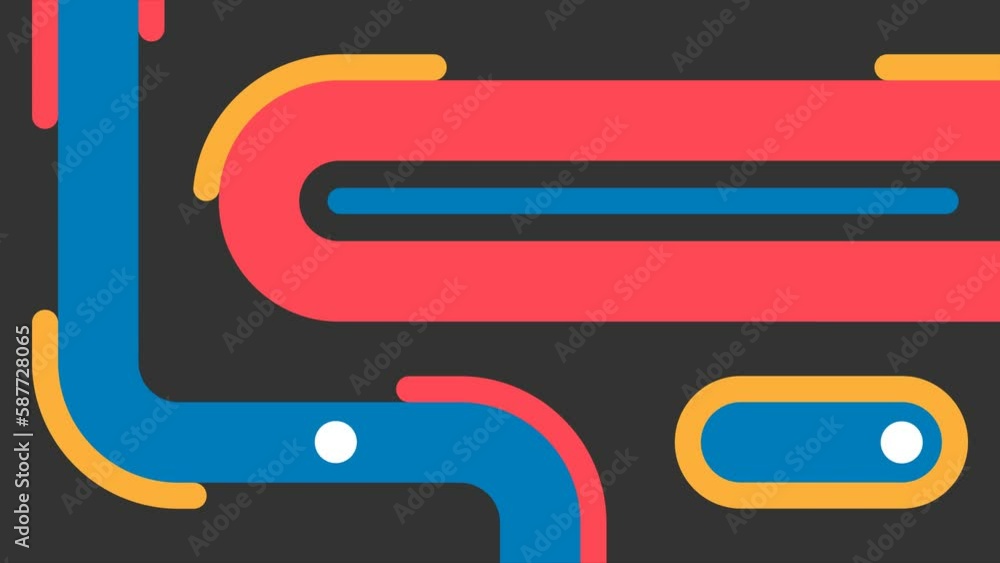 Flat animation. Looped 4K animated video. Abstract geometric pattern. White ball rolls down round multicolored chute on dark gray background. Minimalistic panel. Loop. On Off slider button. Switch bar