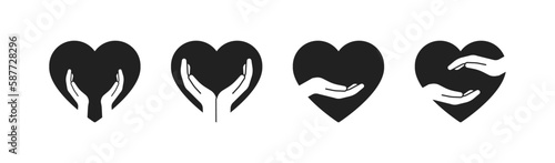 Heart with hends inside it black icon set. Love and care logo. Vector EPS 10