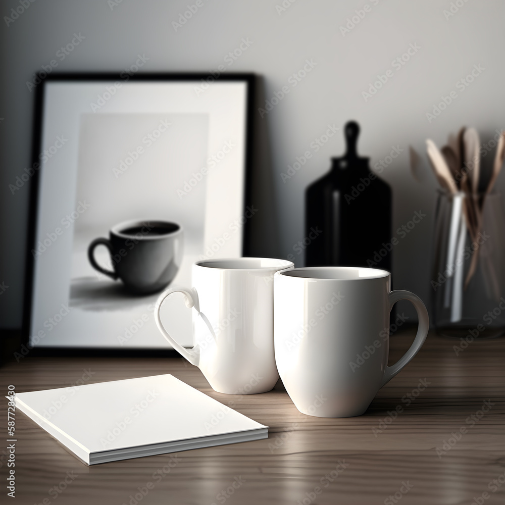 A blank black and white mug mockups on the kirchen desk