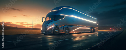 At sunrise, a futuristic moving truck is seen on a roadway. Generative AI