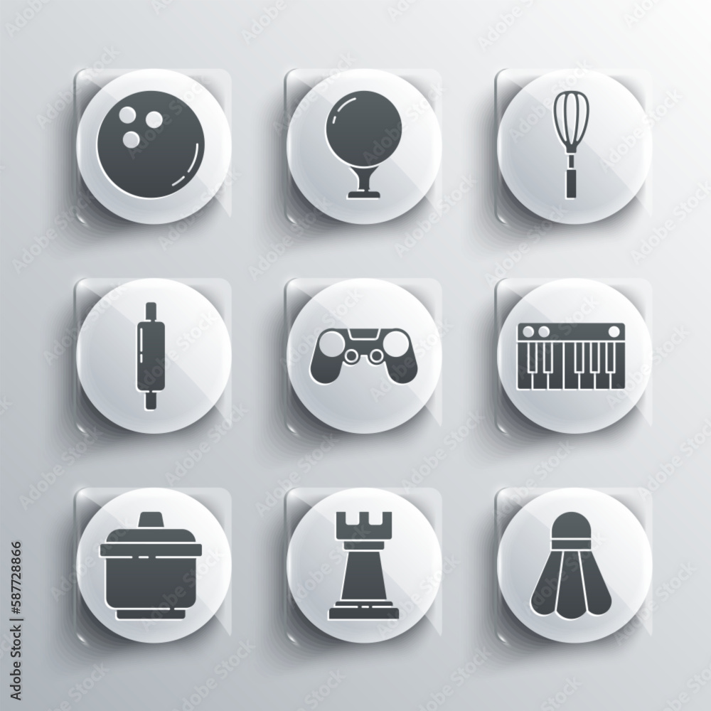 Set Business strategy, Badminton shuttlecock, Music synthesizer, Gamepad, Cooking pot, Rolling pin, Bowling ball and Kitchen whisk icon. Vector