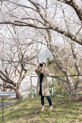 桜の写真を撮るカメラ女子４