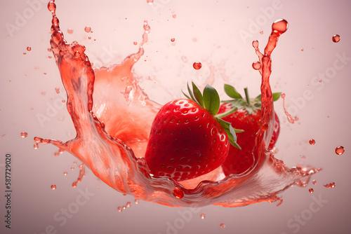 Strawberry in splash water,pink background generative ai.