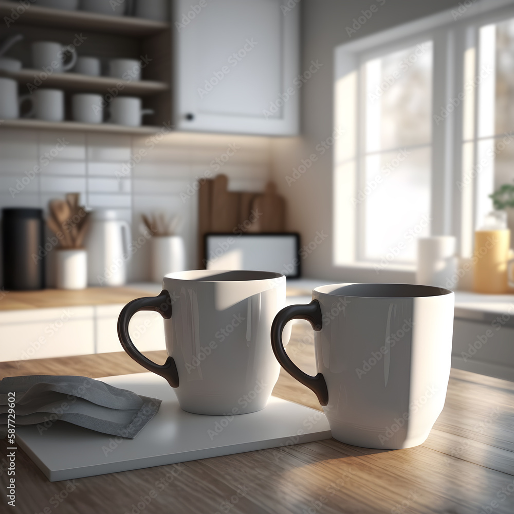 A blank black and white mug mockups on the kitchen desk. White mug on the holiday table. Mockup of a couple white mugs on the table. A blank black and white mug mockups on the kitchen desk. White mug on the holiday table. Mockup of a couple white mugs on the table.