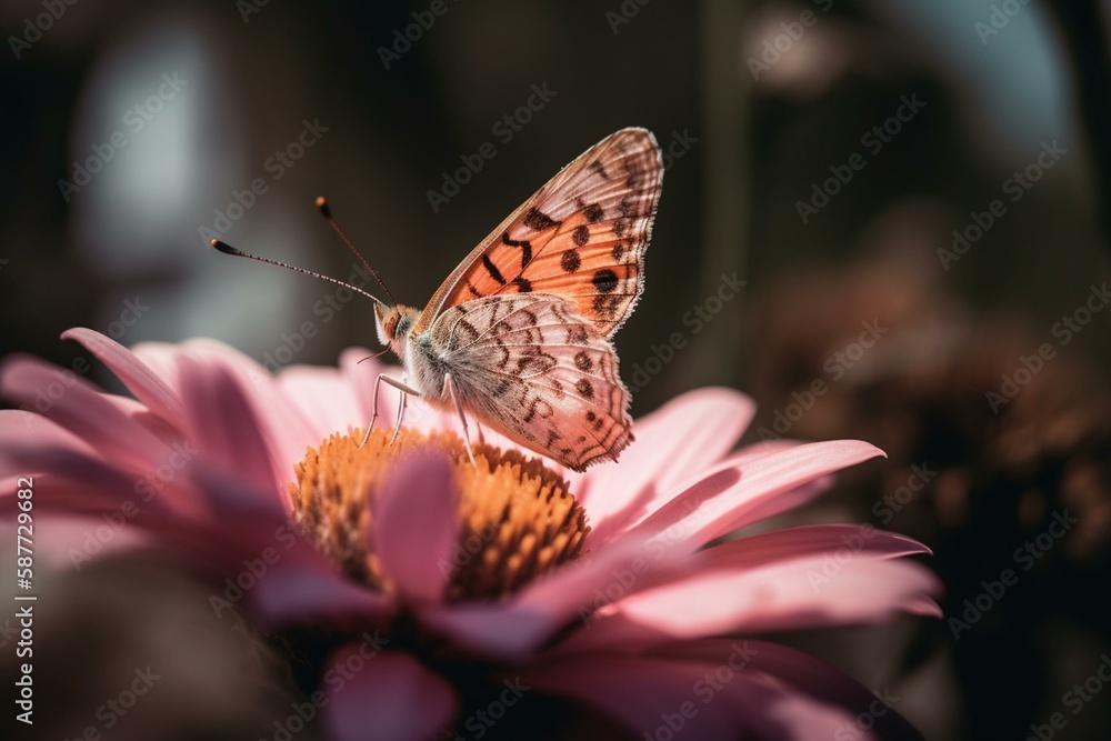 Obraz premium A macro shot of a pink and helical butterfly resting on a flower in a garden in the summertime Generative AI
