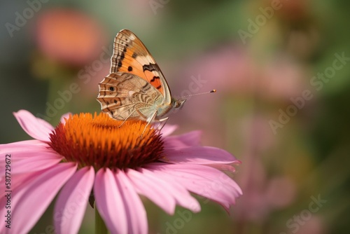 A macro shot of a pink and helical butterfly resting on a flower in a garden in the summertime Generative AI
