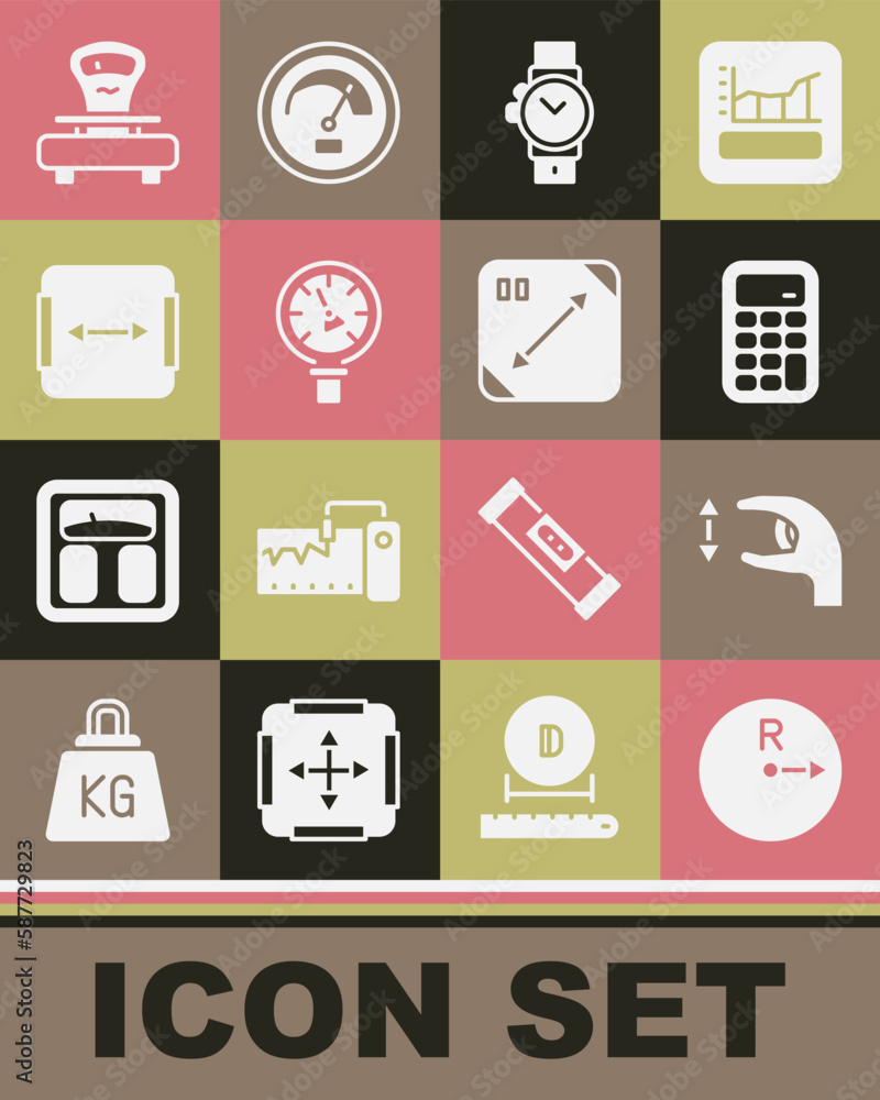 Set Radius, Approximate measurements, Calculator, Wrist watch, Pressure water meter, Area, Scales and Diagonal measuring icon. Vector Set Radius, Approximate measurements, Calculator, Wrist watch, Pressure water meter, Area, Scales and Diagonal measuring icon. Vector