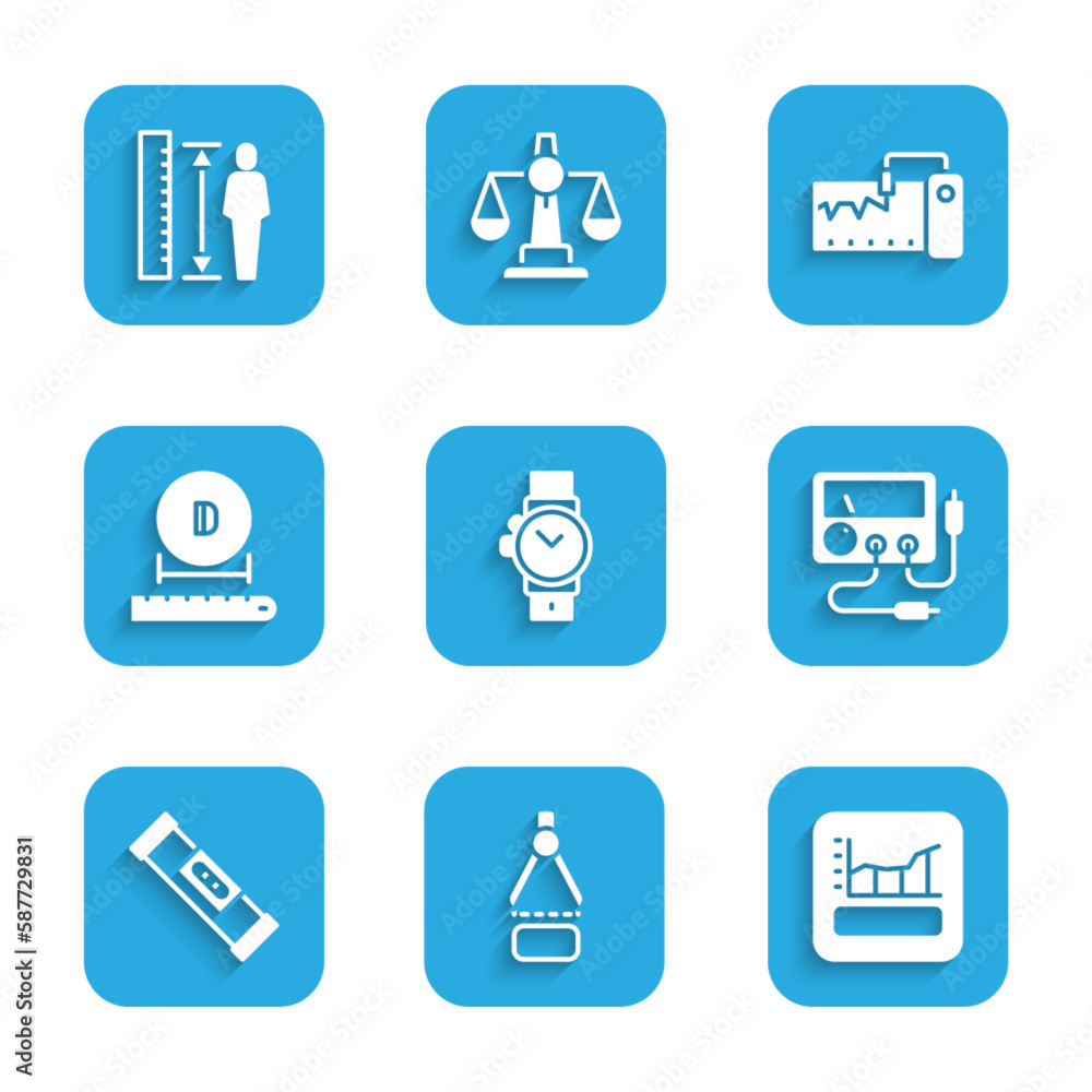 Set Wrist watch, Drawing compass, Graph, schedule, chart, diagram, Multimeter, voltmeter, Construction bubble level, Diameter, Measuring instrument and height body icon. Vector Set Wrist watch, Drawing compass, Graph, schedule, chart, diagram, Multimeter, voltmeter, Construction bubble level, Diameter, Measuring instrument and height body icon. Vector