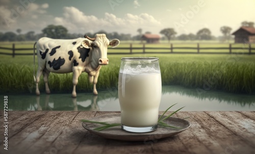Glasses and fresh milk on a wooden table with cows on a meadow. generative AI