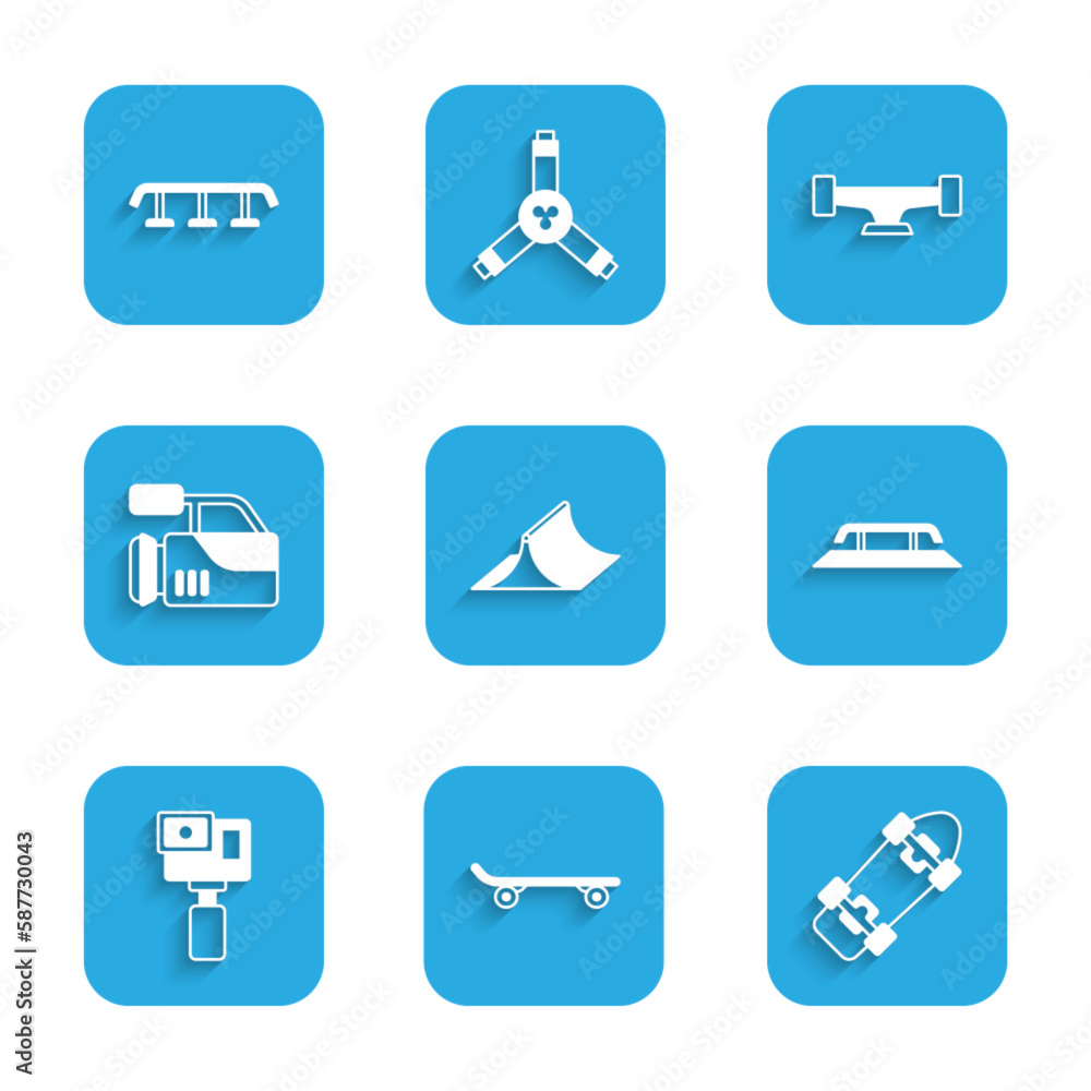 Set Skate park, Skateboard, stairs with rail, Action camera, Cinema, wheel and icon. Vector Set Skate park, Skateboard, stairs with rail, Action camera, Cinema, wheel and icon. Vector