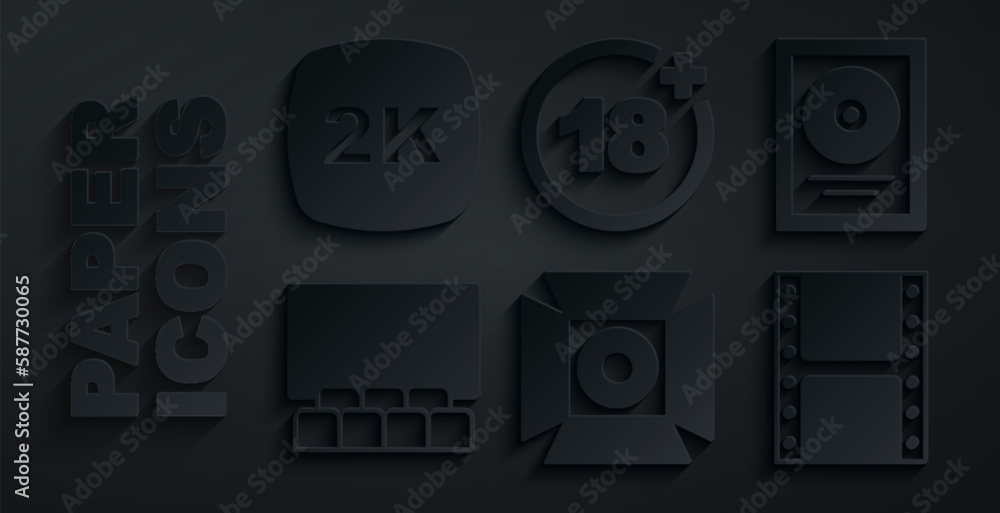 Set Movie spotlight, CD disk award in frame, Cinema auditorium with screen, Play video, Plus 18 movie and 2k Ultra HD icon. Vector Set Movie spotlight, CD disk award in frame, Cinema auditorium with screen, Play video, Plus 18 movie and 2k Ultra HD icon. Vector
