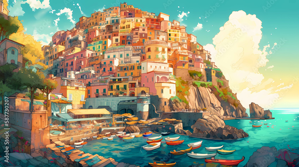Beautiful view of the small town of Manarola on the Mediterranean coast, Italy