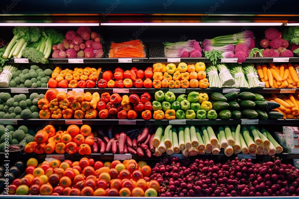Fresh fruit on the shelves of a modern supermarket created with Generative AI technology.