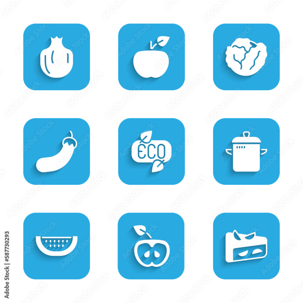 Set Leaf Eco symbol, Apple, Homemade fruit pie, Cooking pot, Watermelon, Eggplant, Cabbage and Pomegranate icon. Vector Set Leaf Eco symbol, Apple, Homemade fruit pie, Cooking pot, Watermelon, Eggplant, Cabbage and Pomegranate icon. Vector