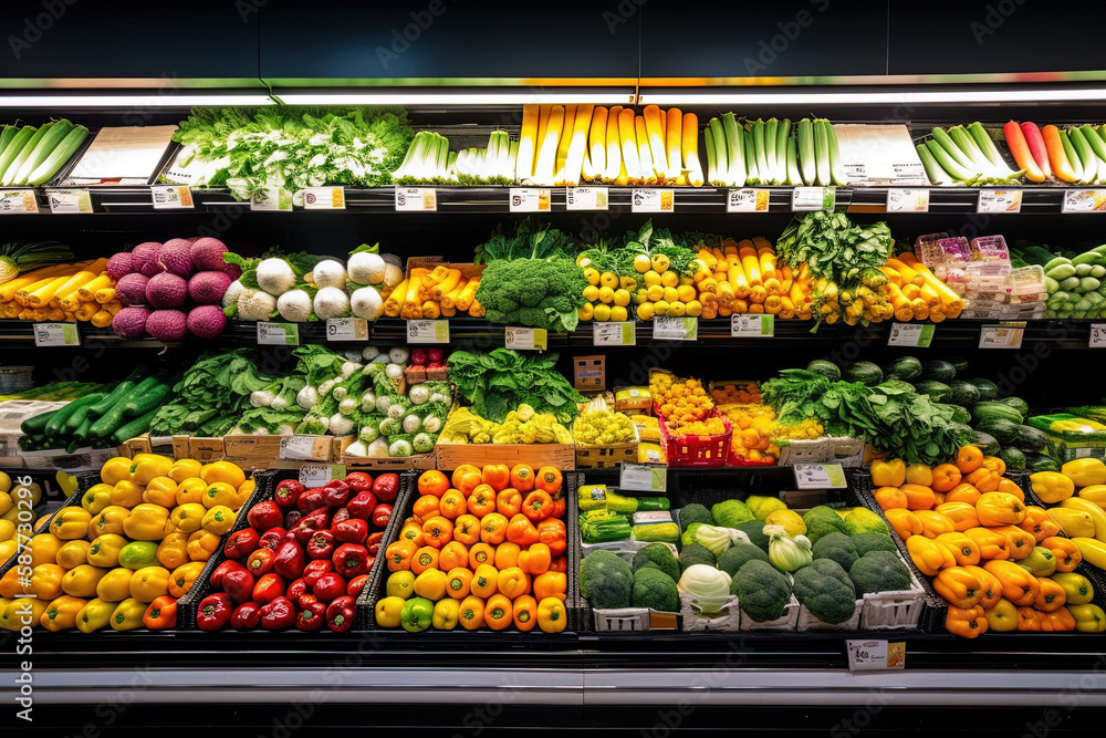 Fresh fruit on the shelves of a modern supermarket created with Generative AI technology.