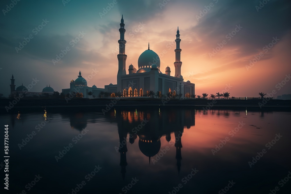 Fototapeta premium mosque full object perspective photo generate AI, for ramadhan kareem, eid al fitr, eid adha, islamic event