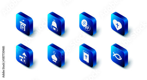 Set Church bell, Christian bread, cross in heart, fish symbol, Holy bible book, church tower, building and sermon tribune icon. Vector