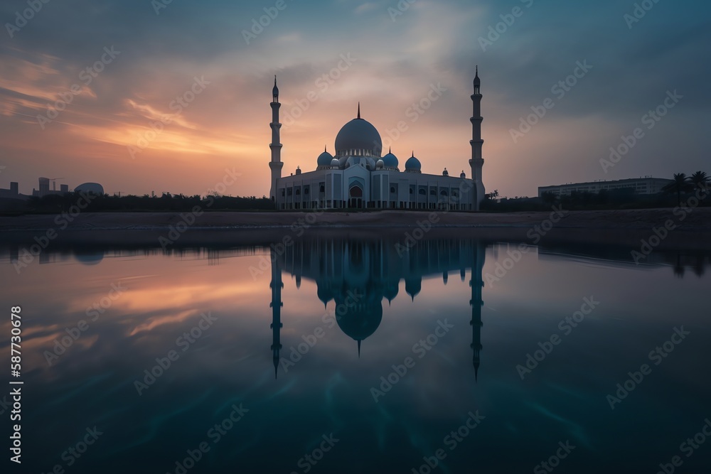 mosque full object perspective photo generate AI, for ramadhan kareem, eid al fitr, eid adha, islamic event