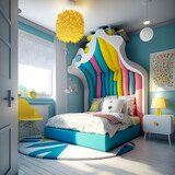 Bright bed with canopy in the child's room, style memphis, Generative AI