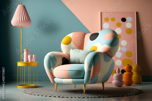 Colorful pastel rounded armchair in the living room, in memphis style, Generative AI photo