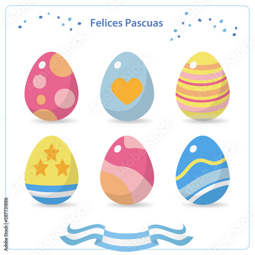 Set de huevos de Pascuas con motivos de Argentina y de colores pasteles.