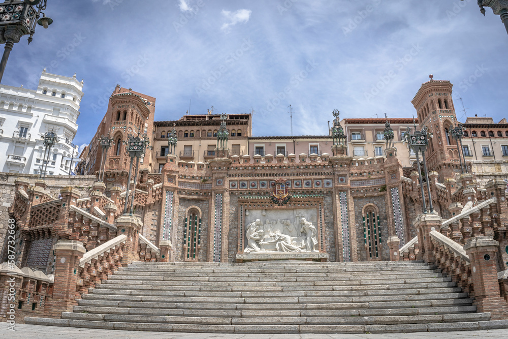 Fototapeta premium Panoramic view of the beautiful staircase of Teruel in mudejar style, gothic, modernism. Spain.