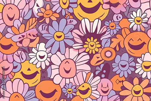 Retro floral Seamless pattern with 70s, 80s vibes groovy elements. Stickers nostalgia cartoon funky flower power