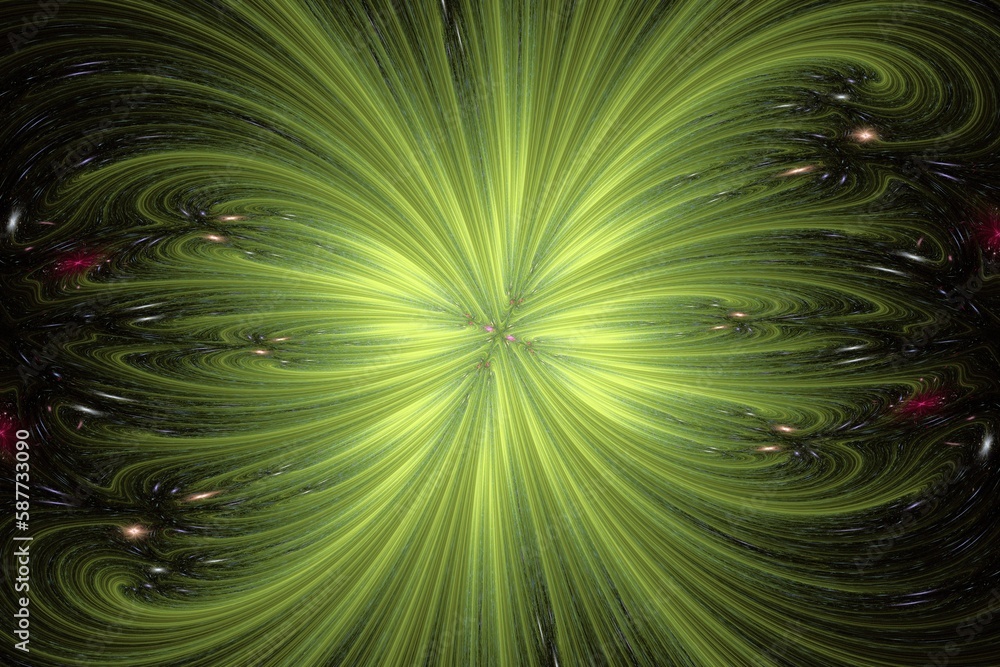 Green pattern of curved waves and rays from the center on a black background. Abstract fractal 3D rendering