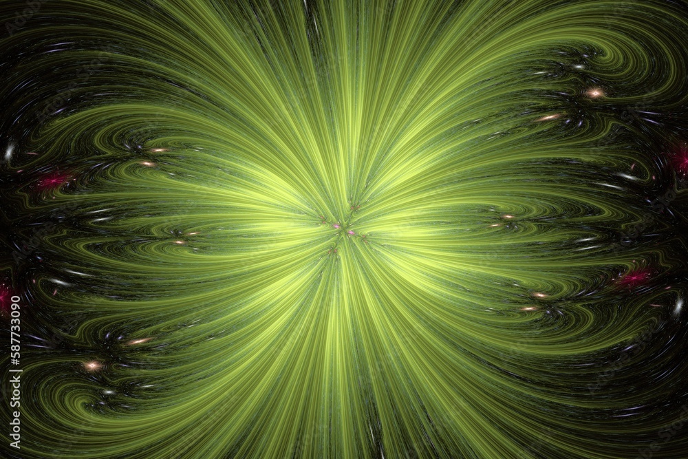 Fototapeta premium Green pattern of curved waves and rays from the center on a black background. Abstract fractal 3D rendering