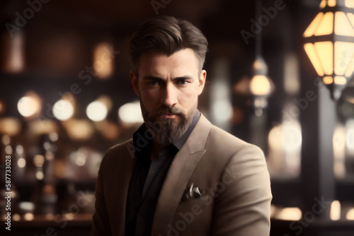 Portrait of professional brutal man bartender with a fancy ginger beard in an Irish pub. Generative AI