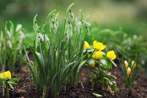 snowdrops and yellow spring flowers