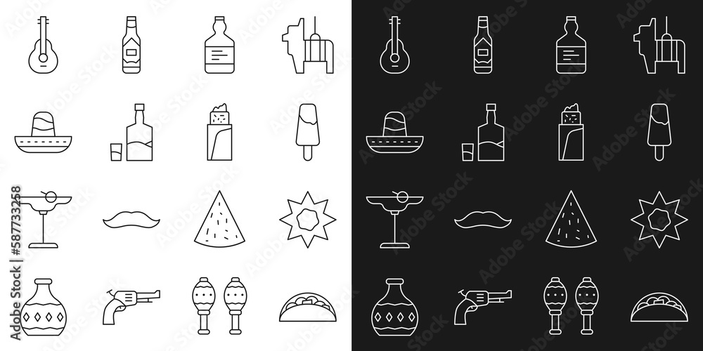 Set line Taco with tortilla, Sun, Popsicle ice cream, Tequila bottle, and glass, Mexican sombrero, guitar and Burrito icon. Vector Set line Taco with tortilla, Sun, Popsicle ice cream, Tequila bottle, and glass, Mexican sombrero, guitar and Burrito icon. Vector