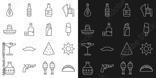 Set line Taco with tortilla, Sun, Popsicle ice cream, Tequila bottle, and glass, Mexican sombrero, guitar and Burrito icon. Vector