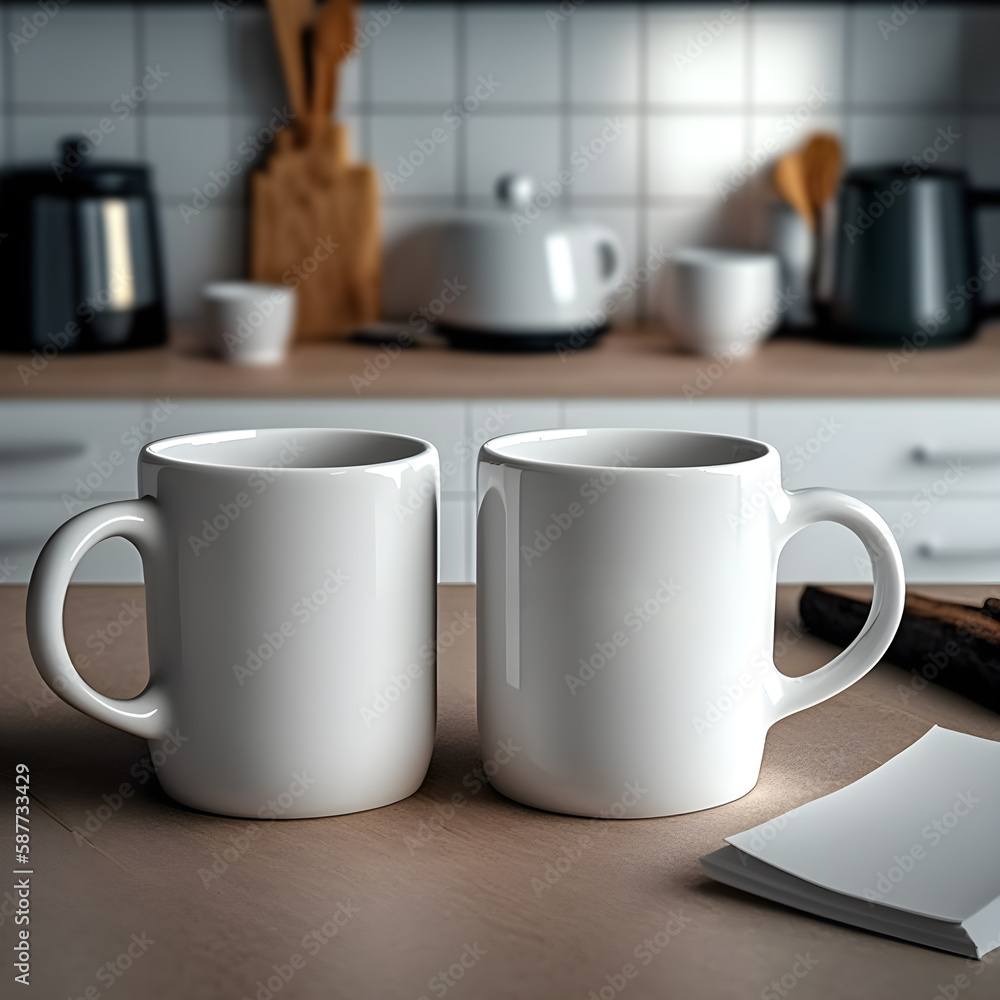 A blank black and white mug mockups on the kitchen desk. White mug on the holiday table. Mockup of a couple white mugs on the table. A blank black and white mug mockups on the kitchen desk. White mug on the holiday table. Mockup of a couple white mugs on the table.