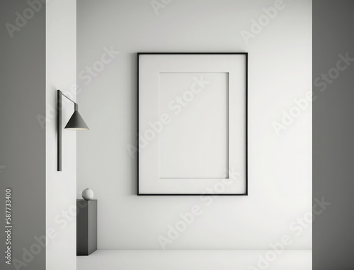 Empty frame hanged at the wall in an essential white room. Generative AI